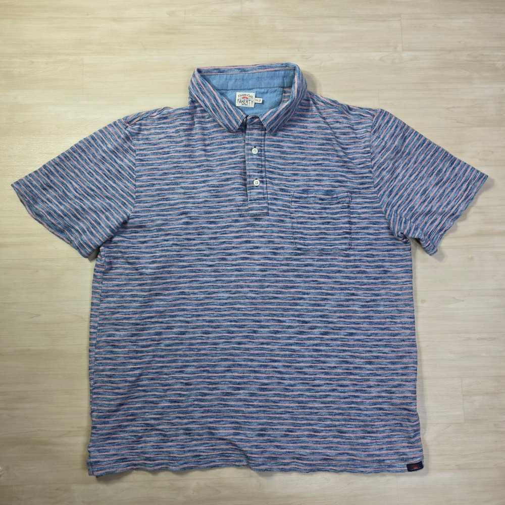FAHERTY BRAND Feeder‎ Stripe Polo Shirt Blue Pink Pocket Size XL